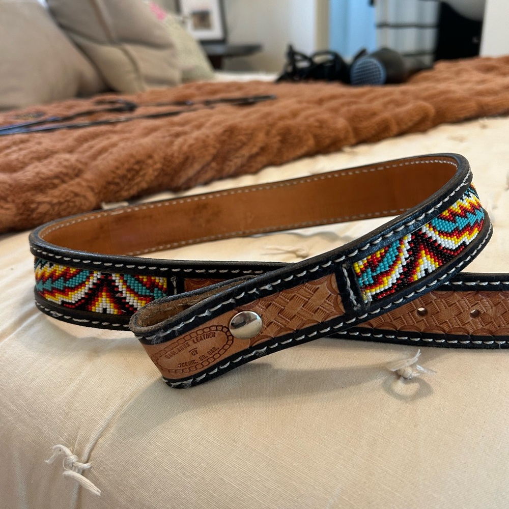 Artisan Beaded Leather Belt with Multicolor Design